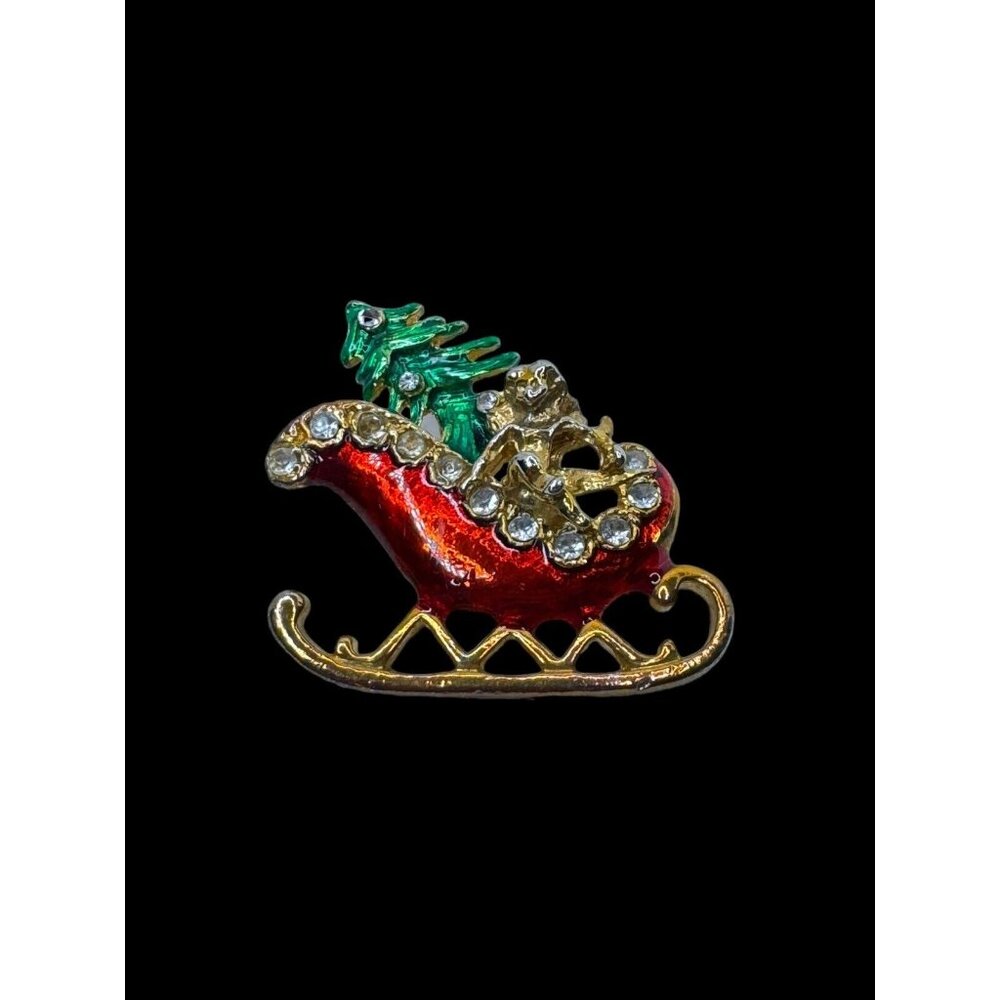 Santa Sleigh Angel Pin Brooch Christmas Tree Holidays Gold-Tone Jewelry Vintage - Picture 2 of 5